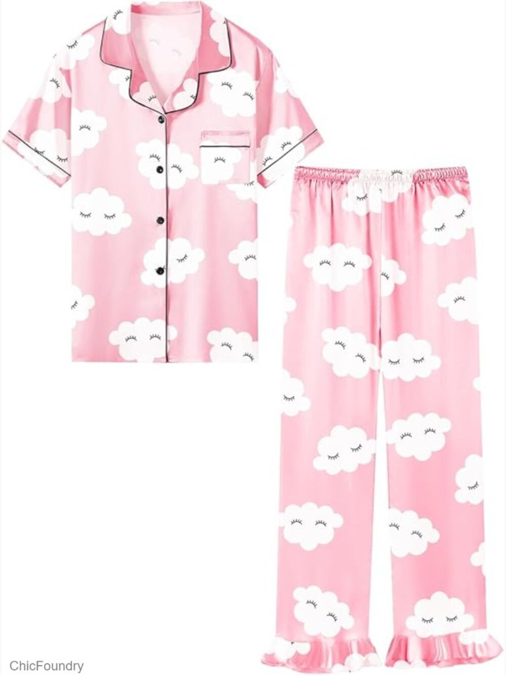 Girls Satin Pajama Set - Short Sleeve Button Down Top with Ruffle Pants